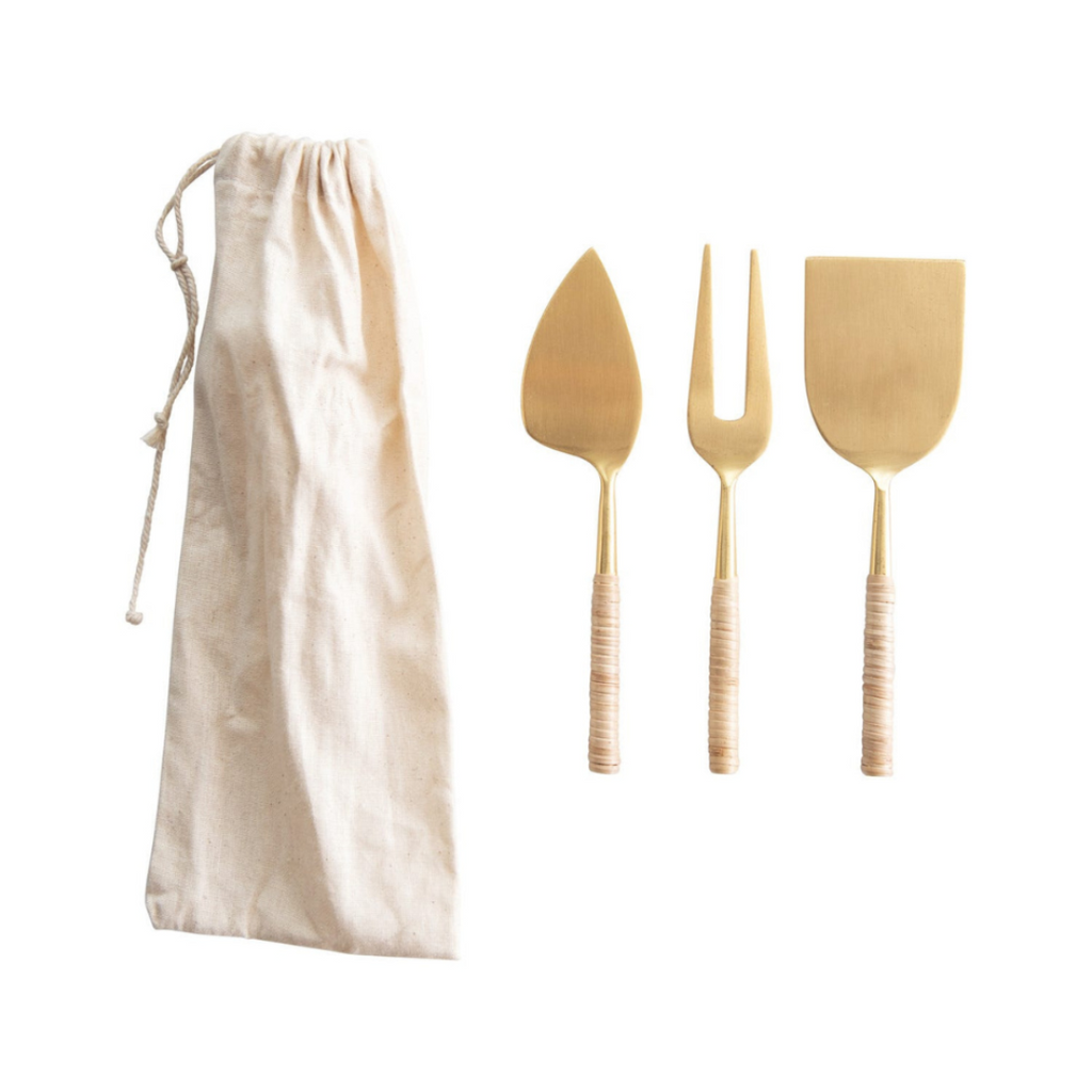  GOLD CHEESE SERVERS (Set of 3) in Drawstring Bag - 6.5"L - Woven Rattan Handles