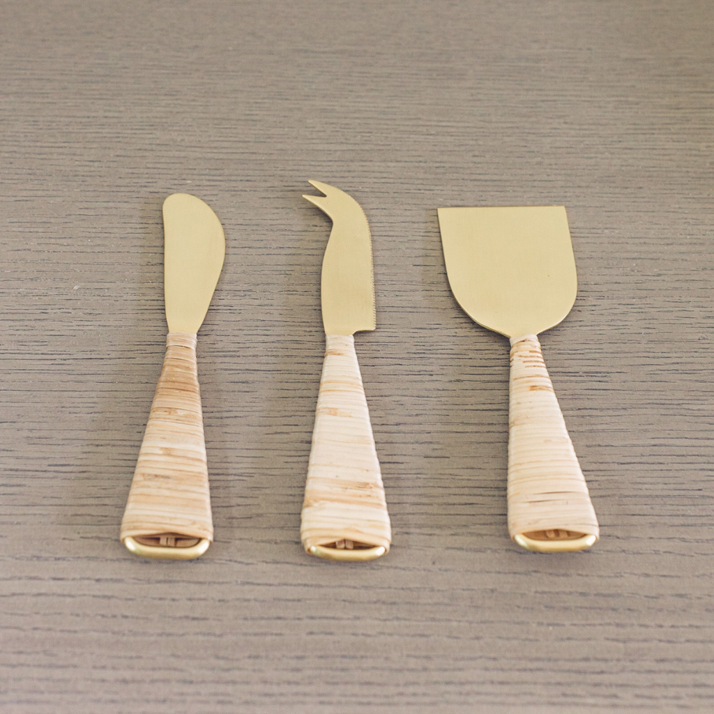 RATTAN HANDLE CHEESE KNIVES - SET OF 3 - 6.5" L